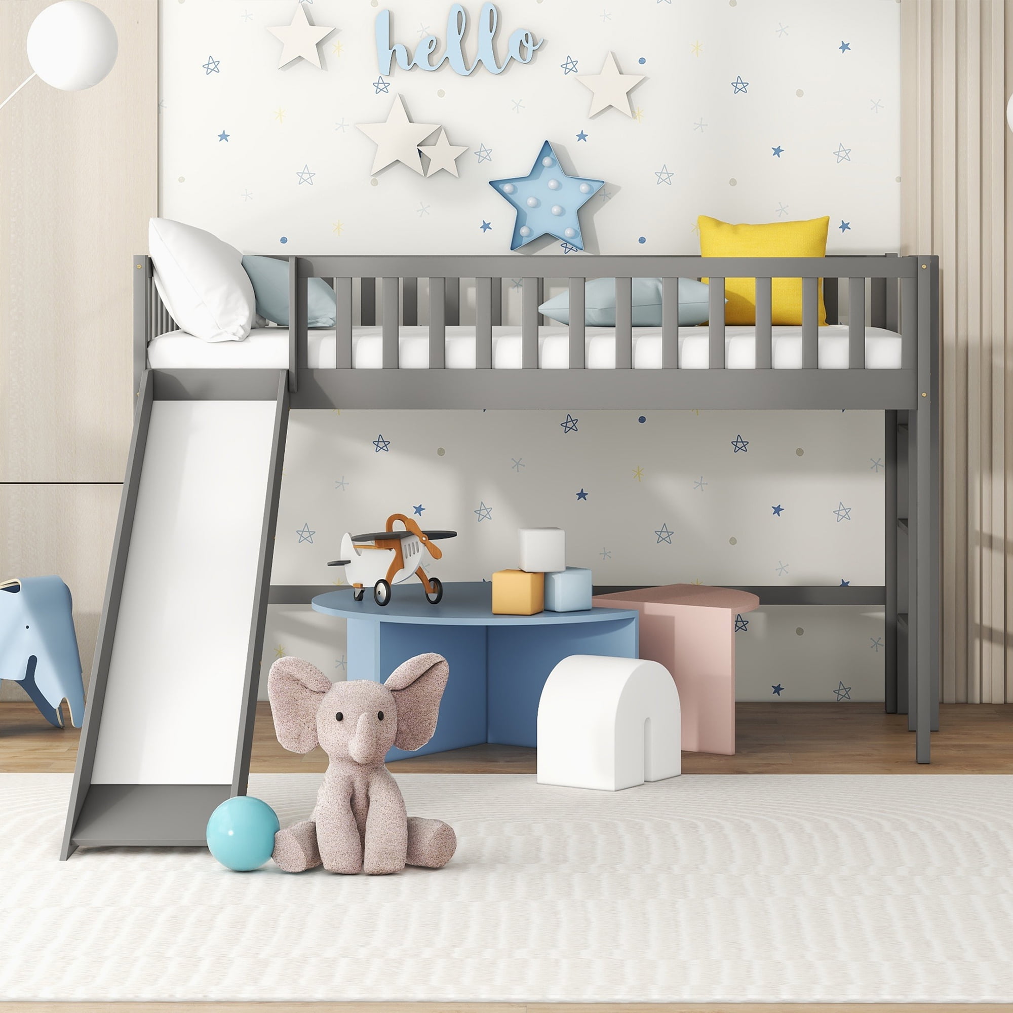 Bellemave Twin Size Low Loft Bed with Slide and Ladder Space-Saving ...