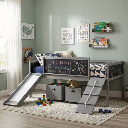 Bellemave Twin Size Low Loft Bed with Slide, Climbing Frame, Wooden Twin Bed with Two Movable Drawers, Multifunctional Chalkboard(Wood, Gray)