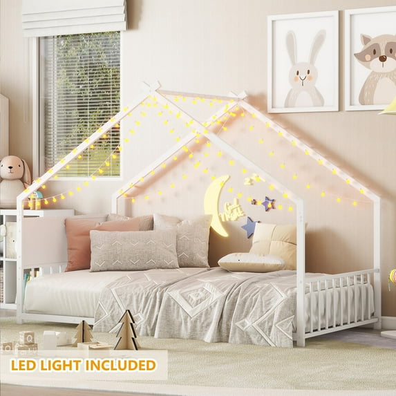 Bellemave Twin Size Metal House Bed with Roof and Colorful LED Lights Montessori House Bed with Headboard Floor Bed Frame, No Box Spring Needed (Twin, White)