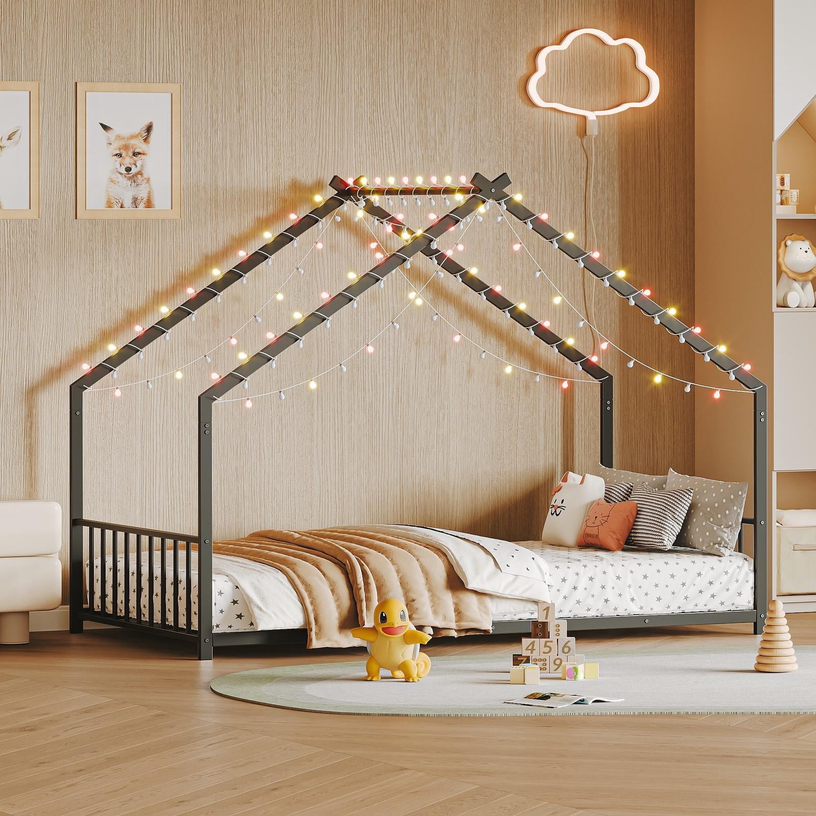 Bellemave Twin Size Metal House Bed with Roof and LED Lights Montessori House Bed with Headboard and Footboard  Floor Bed Frame with Slats (Twin, Black)