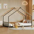 thumbnail image 1 of Bellemave Twin Size Metal House Bed with Roof and LED Lights Montessori House Bed with Headboard and Footboard  Floor Bed Frame with Slats (Twin, Black), 1 of 10