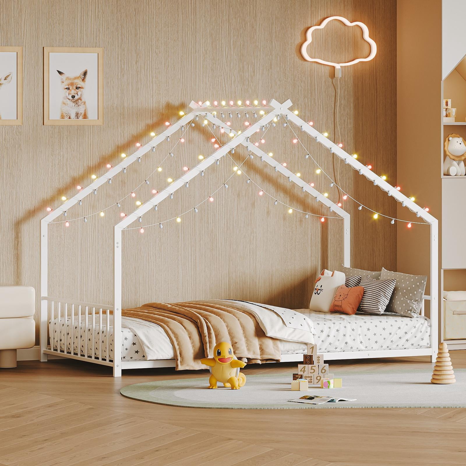 Bellemave Full Size House Floor Bed For Kids, Wooden Montessori Full Bed With Fence Railings And Support Slats No Box Spring Needed Natural
