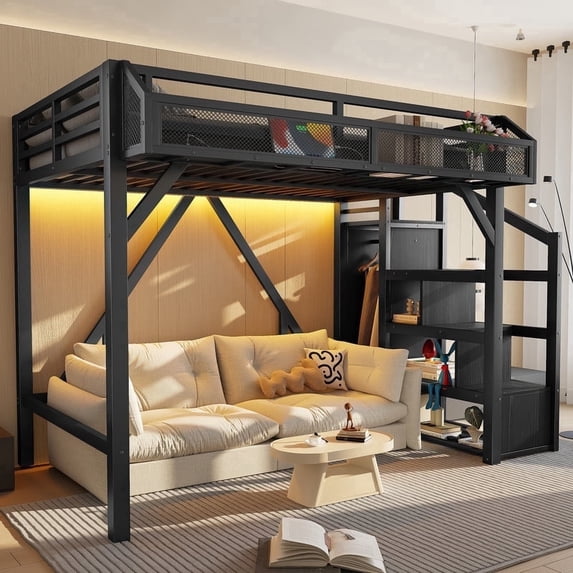 Bellemave Twin Size Metal Loft Bed Frame with Storage Stairs, Wardrobe ...