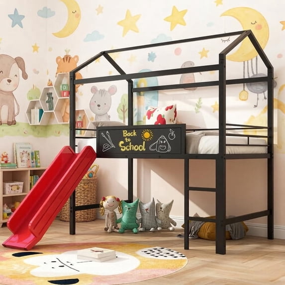 Bellemave Twin Size Metal Loft Bed with Slide, House Bed With Roof & Two-sided Blackboard, Twin House Loft Bed with Storage, No Box Spring Needed, Black and Red