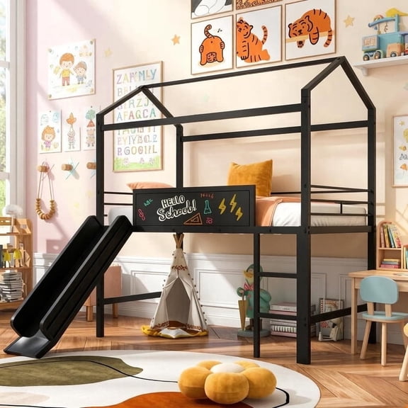 Bellemave Twin Size Metal Loft Bed with Slide, House Bed With Roof & Two-sided Writable Chalkboard, Twin House Loft Bed with Storage, Metal Slats, No Box Spring Needed, Black