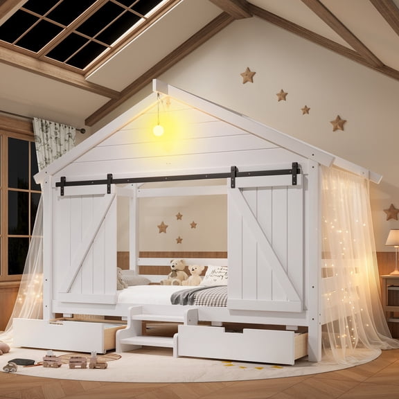 Bellemave Twin Size Montessori Bed with Storage and Sliding Door, Wood Farmhouse Bed with LED Light, Drawers and Small Stairs for Kids Boys Girls, No Box Spring Needed (White)