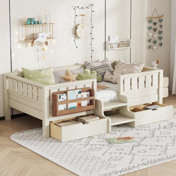 Bellemave Twin Size Montessori Bed with Storage and Stairs, Wood Daybed with Bookcase and Guardrails, Twin Floor Beds Frame with 2 Drawers for Room, No Box Spring Needed(Beige)