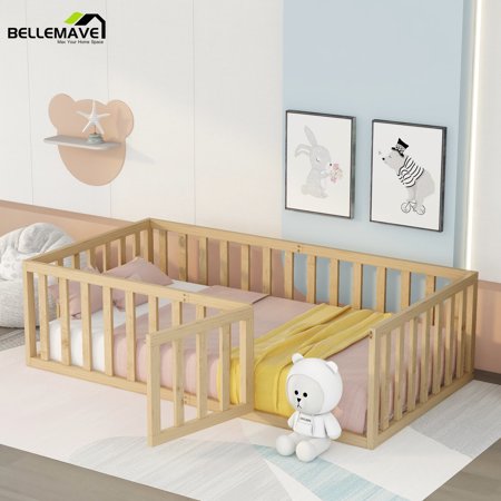 Bellemave Twin Size Montessori Bed for Toddler, Wood Kids Floor Bed Frame with Fence and Door, Natural(Slats Not Include)