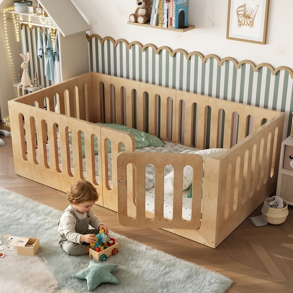 Bellemave Twin Size Montessori Bed with High Fence, Wood Floor Bed Frame with Door, Low-profile Design, Natural
