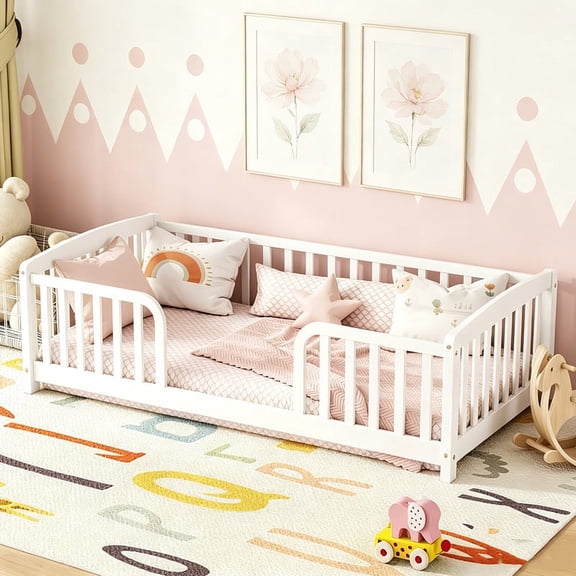 Bellemave Twin Size Montessori with Central Entrance and Full Surrounding Guardrails, Wood Floor Bed Frame for Toddler, Low Profile Platform for Kids Bedroom(White)