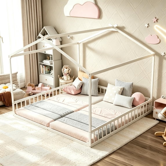 Bellemave Double Twin Floor Bed for 2 Kids, Wood Montessori Floor Bed Frame with Safety Guardrails, Low‑Profile House‑Shaped Design, No Box Spring Needed for Toddlers Boys and Girls Teens, White