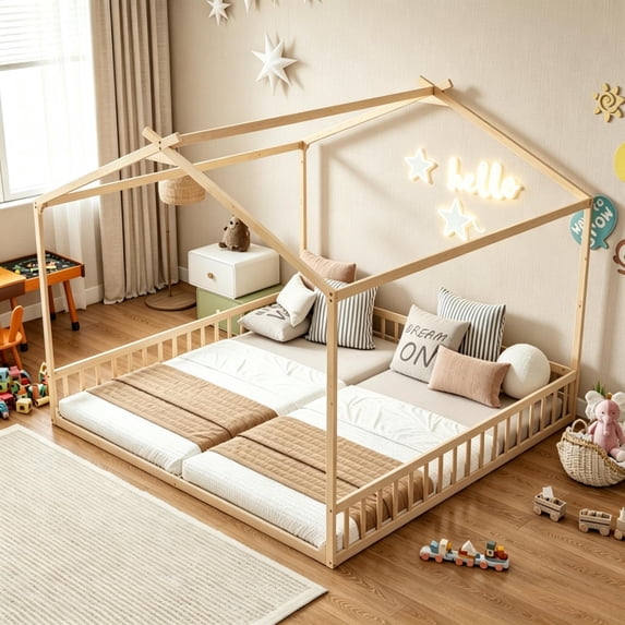 Bellemave Double Twin Floor Bed for 2 Kids, Wood Montessori Floor Bed Frame with Safety Guardrails, Low‑Profile House‑Shaped Design, No Box Spring Needed for Toddlers Boys and Girls Teens, Natural