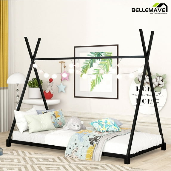 Bellemave Twin Size Montessori Floor Bed Metal Tent Bed Frame with Triangle Structure and Slat Support House Bed Teepee Bed Frame, No Box Spring Needed, Black