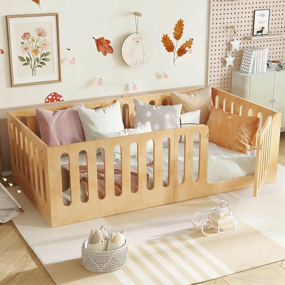 Bellemave Twin Size Montessori Floor Bed, Solid Wood Floor Bed Frame with Fence Railings & Door, Twin Playhouse Bed Frame Easy to Assembly,Natural