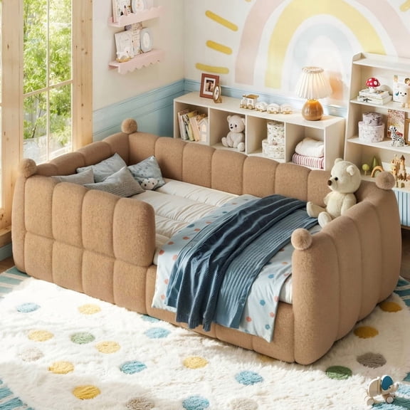 Bellemave Twin Size Montessori Floor Bed, Upholstered Teddy Fleece Child Bed Frame with High Rails, 2-in-1 Daybed with Slats for Toddler Boys Girls, No Box Spring Needed,Natural