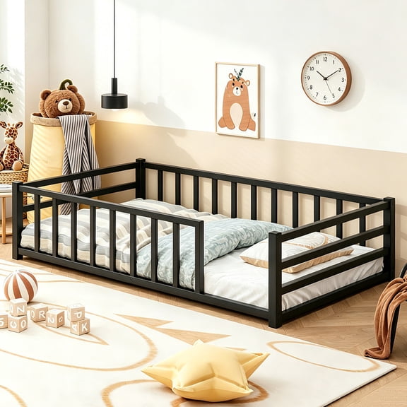 Bellemave Twin Size Montessori Floor Bed with Rails, Metal Low Profile Toddler Bed Frame with Slats, No Box Spring Needed(Black)