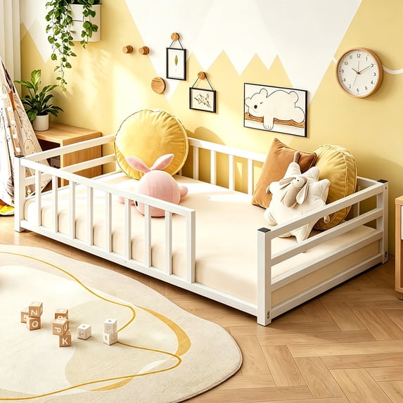 Bellemave Twin Size Montessori Floor Bed with Rails, Metal Low Profile Toddler Bed Frame with Slats, No Box Spring Needed(White)