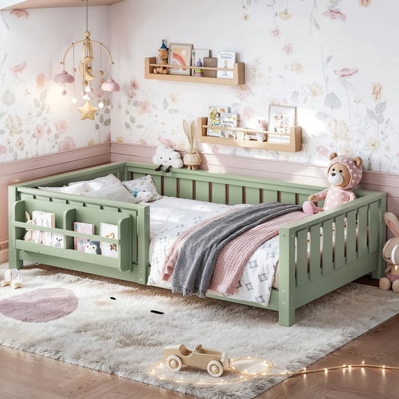 Bellemave Twin Size Montessori Floor Bed with Storage Bookshelf and Guardrail, Wooden Platform Bed with Fence, No Box Spring Needed, Green