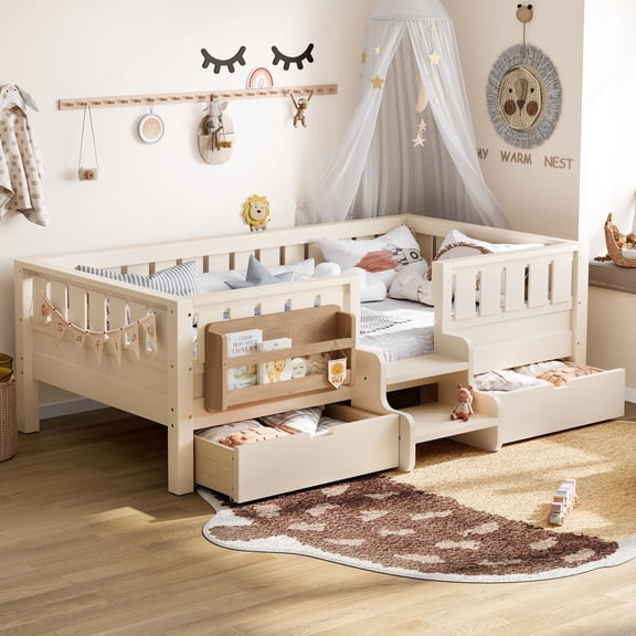 Bellemave Twin Size Montessori Low Floor Bed with Staircase and Guardrails, Bed with Bookshelves and 2 Drawers, No Box Spring Needed, Beige