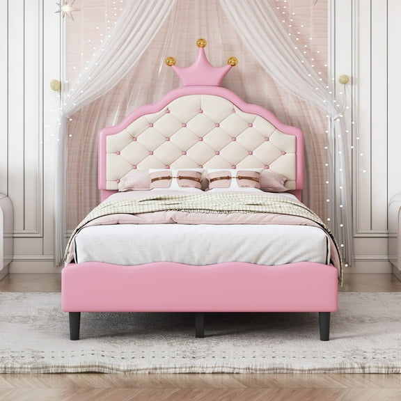 Bellemave Twin Size PU Leather Upholstered Bed with Crown Shaped Headboard Lovely Princess Bed with Button Tufted Design Twin Platform Bed Frame fo Teens, Pink + Cream