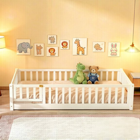 Bellemave Twin Size Floor Bed Frame with Safety Guardrail and Removable Door, Solid Wood Montessori Bed Frame with Slats and Fence, Low Profile Floor Bed for Bedroom, No Box Spring Needed, White