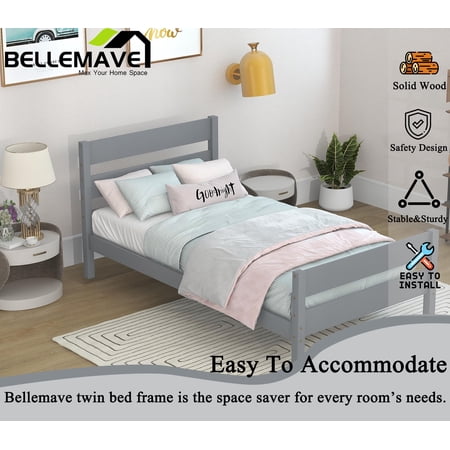 Bellemave Twin Size Pine-Wood Bed Frame With Classic Headboard and Footboard,No Box Spring Needed,Gray