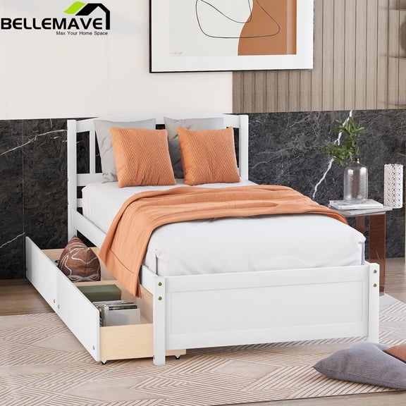 Bellemave Twin Size Platform Bed with 2 Storage Drawers,Solid Wood Twin Bed Frame with Headboard,Storage Bed with Slat Supports for Teens, Adults,White