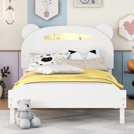 Bellemave Twin Size Platform Bed with Bear-shaped Headboard and Motion Activated Night Light Twin Wood Bed Frame with Light and Storage for Kids, Teens, No Box Spring Needed, White