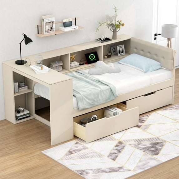 Bellemave Twin Size Platform Bed with Bookcase and Upholstered Headboard, Wood Twin Daybed Frame with Desk and USB Charging Station, Captain Bed for Livingroom, Bedroom, Guest Room (Cream)