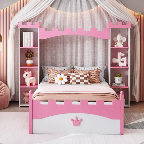 Bellemave Twin Size Platform Bed with Castle-shaped Storage Shelves and Crown Pattern Footboard Dreamy Princess Bed Frame With Built-in Storage Bookshelf (Twin, White+Pink)