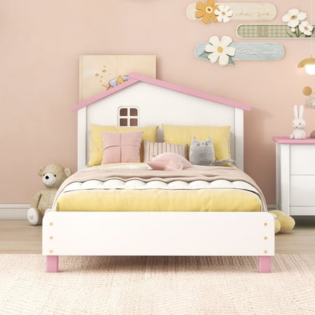 Bellemave Twin Size Platform Bed with House-Shaped Headboard,Wood Twin Platform Bed Frame with Wood Slats for Kids,Boys,Girls,No Box Spring Needed(Twin,White+Pink)