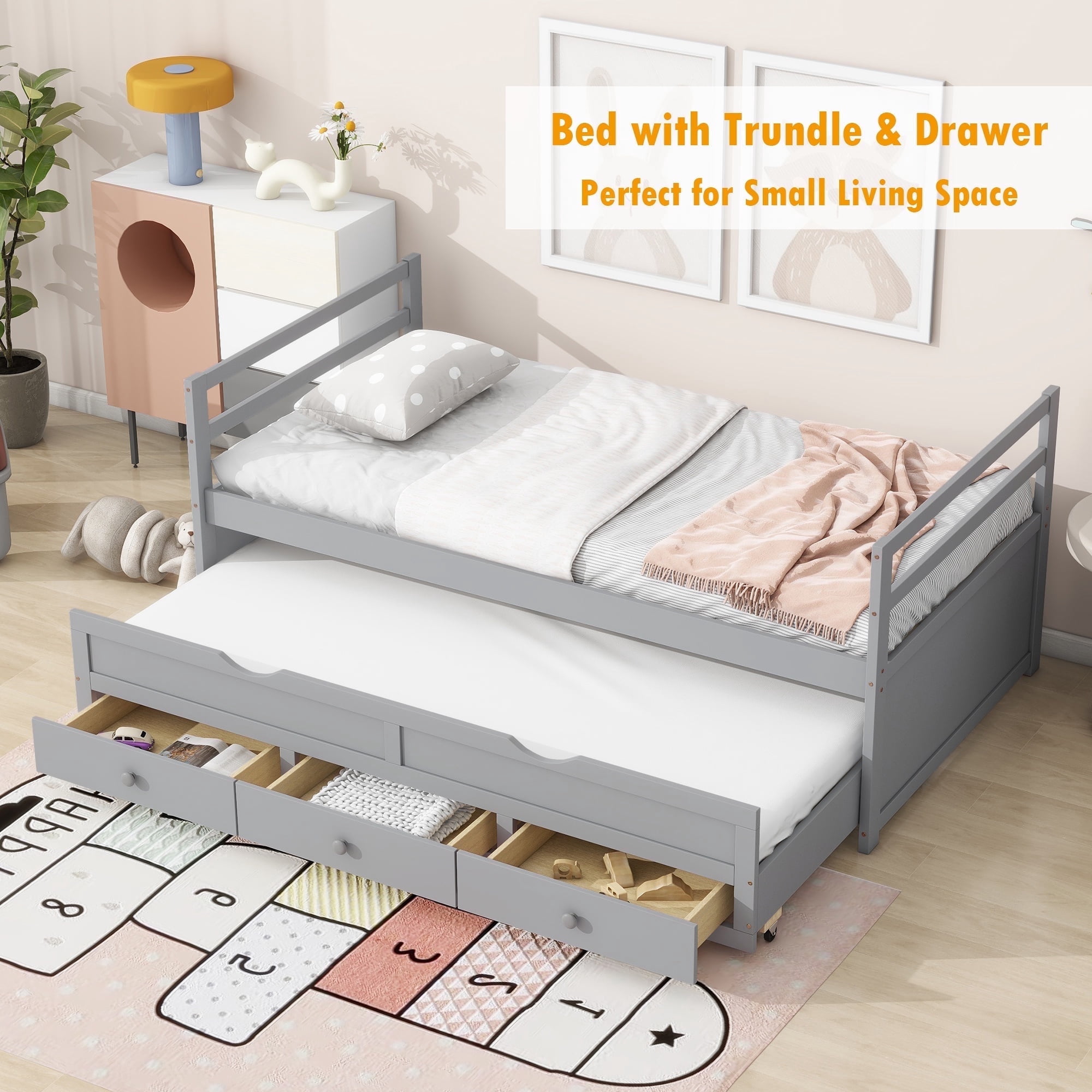 Bellemave Twin Size Platform Bed with Trundle and Storage Drawers Twin Captain’s Bed with Headboard and Footboard Storage Bed Frame (Gray)