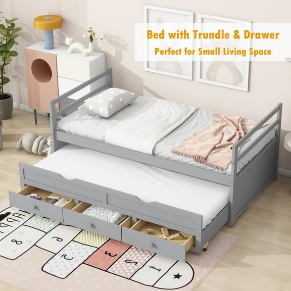 Bellemave Twin Size Platform Bed with Trundle and Storage Drawers Twin Captain’s Bed with Headboard and Footboard Storage Bed Frame (Gray)