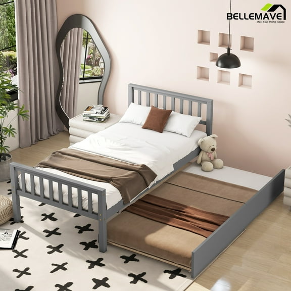 Bellemave Twin Size Platform Bed with Trundle, Wooden Bed Frame with Headboard and Footboard Twin Bed Frame with for Teens, No Box Spring Needed (Gray)
