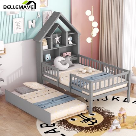 Bellemave Twin Size Platform Bed with Trundle, Wooden Bed with House-Shaped Headboard and Fence Guardrails for Twin Bed Frame with Bookcase Headboard(Gray)