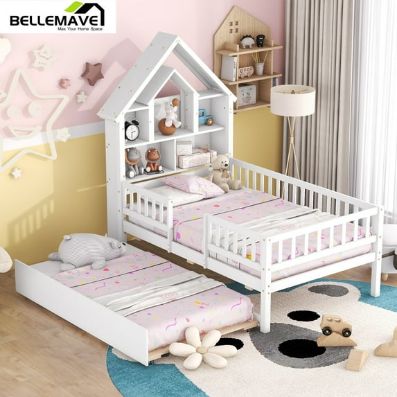 Bellemave Twin Size Platform Bed with Trundle, Wooden Bed with House-Shaped Headboard and Fence Guardrails for Twin Bed Frame with Bookcase Headboard for Kids,Boys, Girls (White)