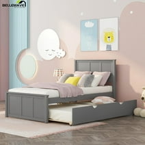 Bellemave Twin Size Platform Bed with Trundle and Headboard, Wood Twin Size Frame Twin Bed with Pull Out Trundle, Gray