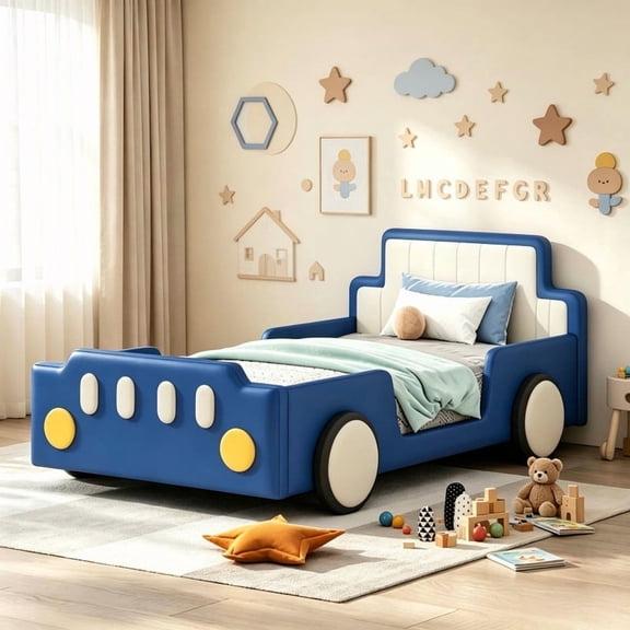 Bellemave Twin Size Race Car Bed Platform Bed with Wheels, Low Profile Twin Bed with Upholstered Backrest, Twin Size Bed wirh Wooden Slats for Boys Girls Kids, Blue