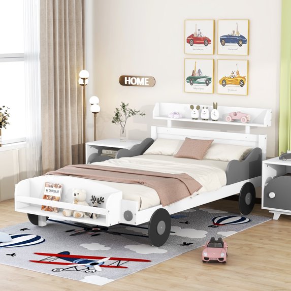 Bellemave Twin Size Race Car-Shaped Platform Bed with Storage Shelf Fun Car Bed Frame with Storage Headboard and Footboard Wooden Low Bed Frame for Kids, Boys, No Box Spring Needed, (Twin, White Car)
