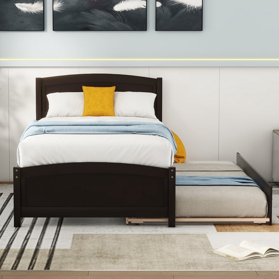 Bellemave Twin Size Solid Wood Platform Bed with Trundle,Wooden Slats Support,No Box Spring Needed,Easy Assembly,Espresso