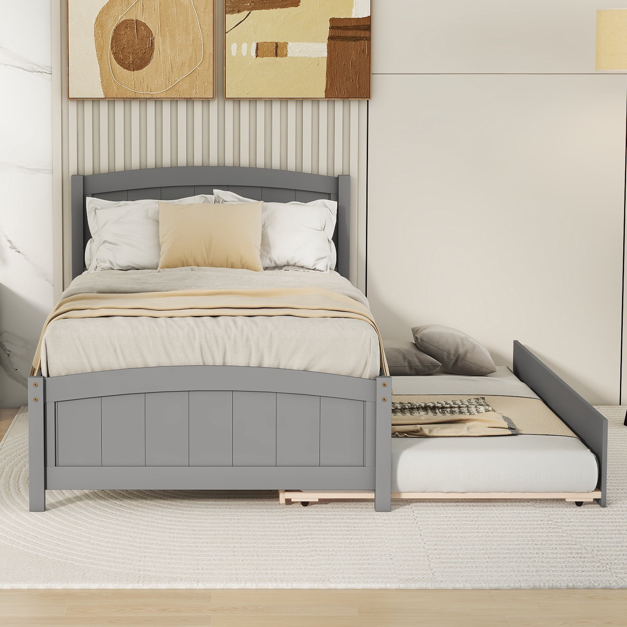 Bellemave Twin Size Solid Wood Platform Bed with Trundle,Wooden Slats Support,No Box Spring Needed,Easy Assembly,Gray