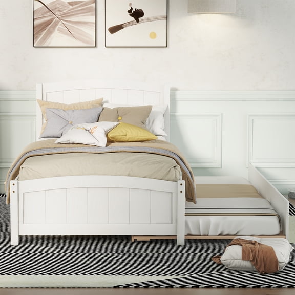 Bellemave Twin Size Solid Wood Platform Bed with Trundle,Wooden Slats Support,No Box Spring Needed,Easy Assembly,White