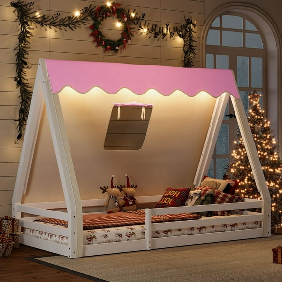 Bellemave Twin Size Teepee House Floor Bed Frame with Tent and Light, Solid Wood Montessori Floor Bed with Guardrails, Bedroom, No Spring Box Needed