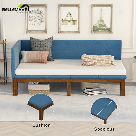 Bellemave Twin Size Upholstered Daybed, Minimalist Wood Sofa Bed for Living Room, Bedroom (Blue)
