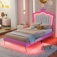 thumbnail image 1 of Bellemave Twin Size Upholstered LED Bed Frame, Princess Platform Bed with Crown Headboard, Pink Cute Girls Full Beds with Wooden Slats Support, No Box Spring Needed-Pink, 1 of 11
