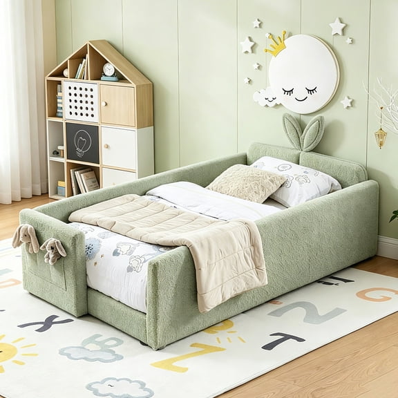 Bellemave Twin Size Upholstered Montessori Bed, Kids Platform Bed Frame with Cute Rabbit Ear Shaped Headboard and Pocket, Twin Floor Beds with Safety Rail and Slats for Toddler Boys Girls(Green)
