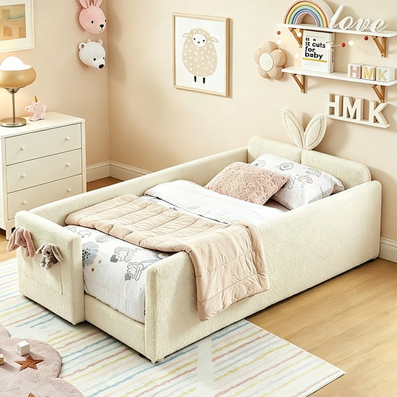 Bellemave Twin Size Upholstered Montessori Bed, Kids Platform Bed Frame with Cute Rabbit Ear Shaped Headboard and Pocket, Twin Floor Beds with Safety Rail and Slats for Toddler Boys Girls（Beige)