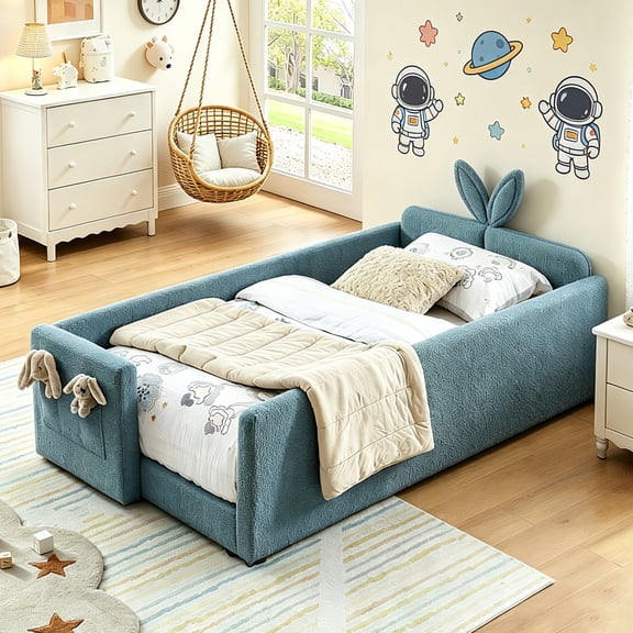 Bellemave Twin Size Upholstered Montessori Bed, Kids Platform Bed Frame with Cute Rabbit Ear Shaped Headboard and Pocket, Twin Floor Beds with Safety Railand Slats for Toddler Boys Girls(Blue)