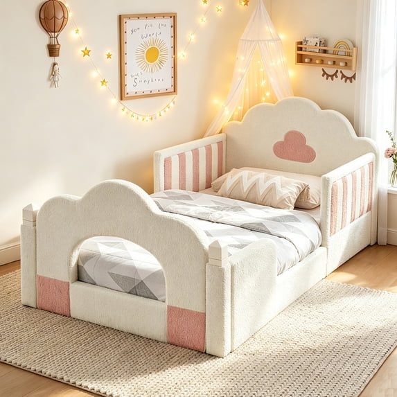 Bellemave Twin Size Upholstered Montessori Floor Bed Frame, Low Profile Cloud-shape Bed with Guardrails and Wood Slats for Toddler Kids Boys and Girls, No Box Spring Needed(White)