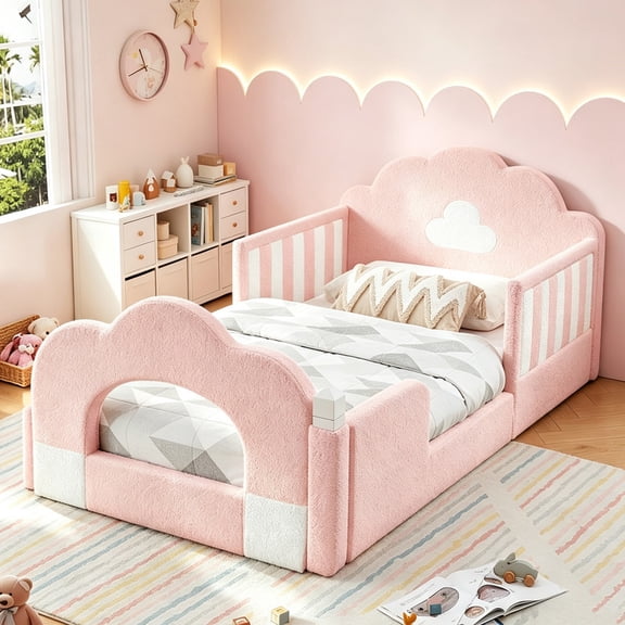 Bellemave Twin Size Upholstered Montessori Floor Bed Frame, Low Profile Cloud-shape Bed with Guardrails and Wood Slats for Toddler Kids Boys and Girls, No Box Spring Needed(Pink)